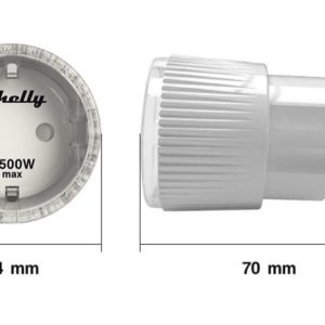 Medidas del Shelly Plug S: 44mm de diámetro y 70 mm desde el protector del display hasta el final de la toma de corriente